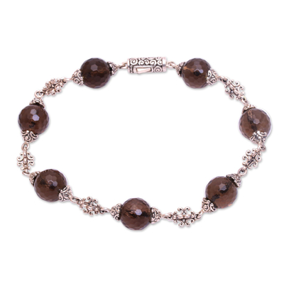 Smoky quartz link bracelet, 'Royal Elegance' - Bali Handcrafted Smoky Quartz and Sterling Silver Bracelet