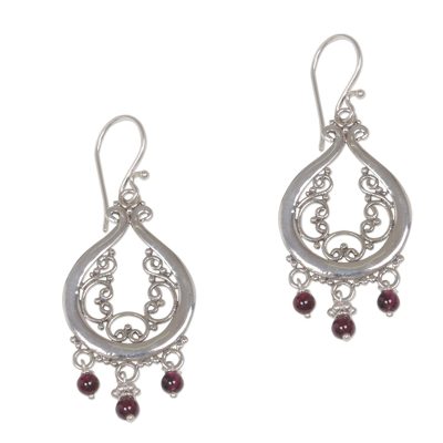 Garnet chandelier earrings, 'Innocence' - Sterling Silver Filigree Garnet Earrings