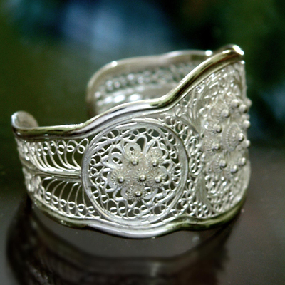 Sterling silver cuff bracelet, 'Eve's Garden' - Floral Silver Filigree Bracelet from Indonesia