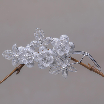 Sterling silver brooch pin, 'Silver Bouquet' - Floral Filigree Sterling Silver Pin