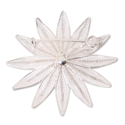 Sterling silver brooch pin, 'Lotus Filigree' - Floral Filigree Sterling Silver Brooch Pin