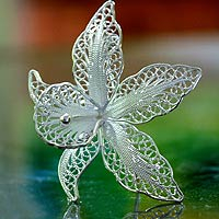 Sterling silver brooch pin, 'Orchid Filigree'