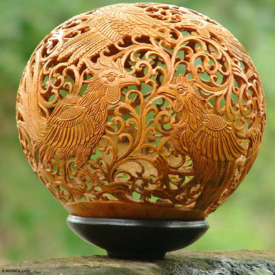 Coconut Shell Carving with Stand - Proud Roosters