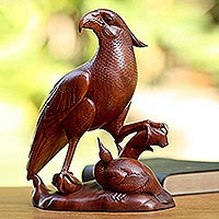 Wood statuette, 'Mother Hawk' - Unique Wooden Bird Statuette from Bali and Java