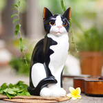 Wood sculpture, 'Housecat' - Albesia Wood Cat Sculpture