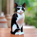 Wood sculpture, 'Housecat' - Albesia Wood Cat Sculpture