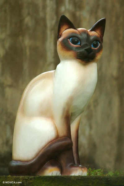 Wood sculpture, 'Siamese Cat' - Wood sculpture