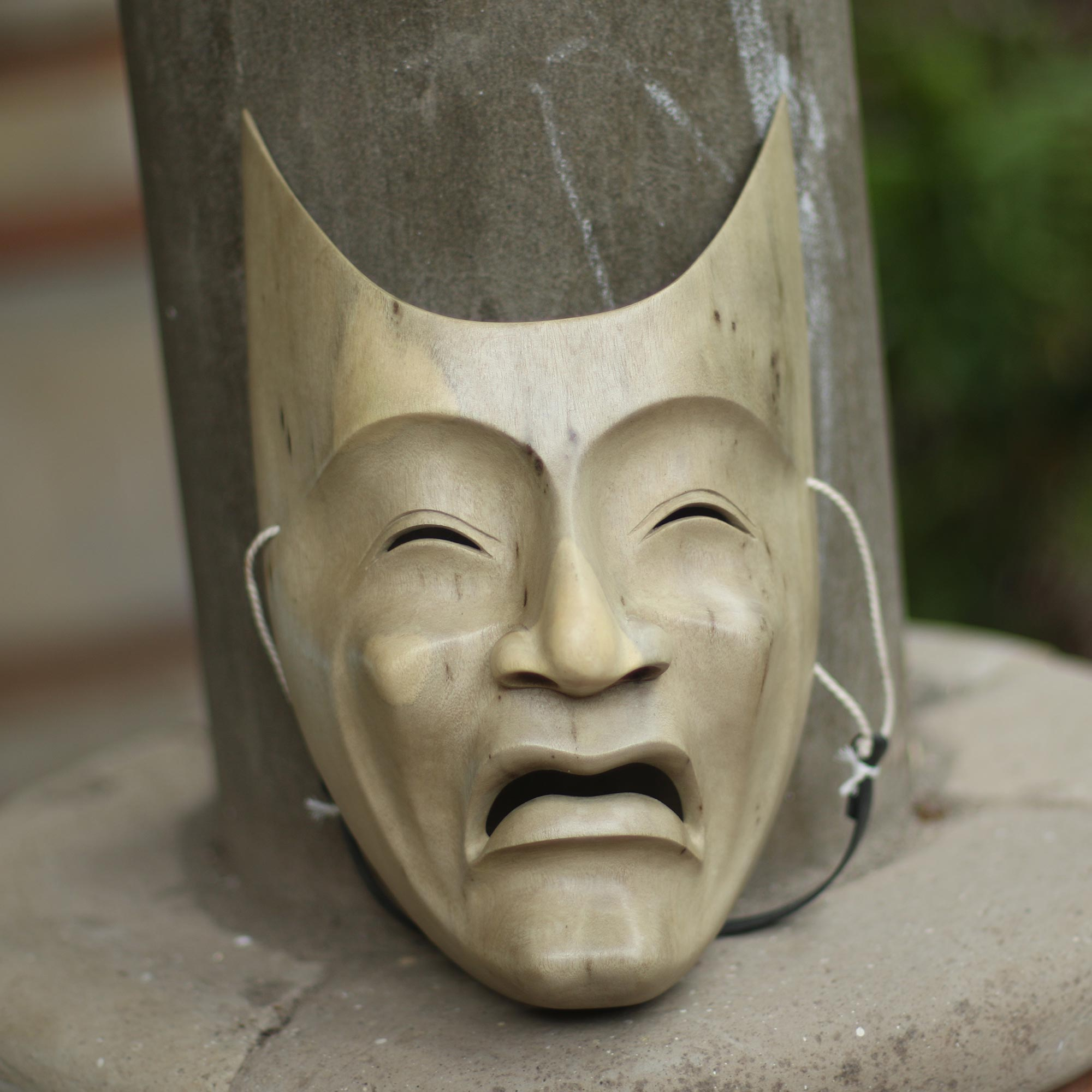 Wood Drama Mask Hand Carved Hibiscus Original Wall Art 'Happy Wisdom' NOVICABali 
