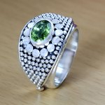 Peridot band ring, 'Floral Creation' - Balinese Sterling Silver and Peridot Cocktail Ring