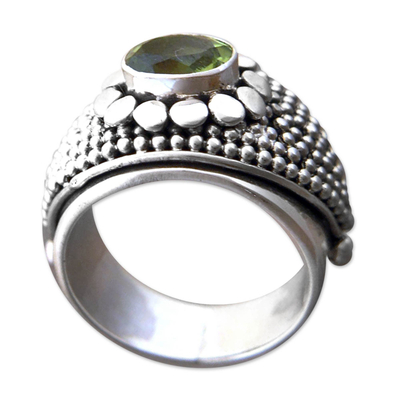 Peridot band ring, 'Floral Creation' - Balinese Sterling Silver and Peridot Cocktail Ring