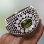 Peridot band ring, 'Floral Creation' - Balinese Sterling Silver and Peridot Cocktail Ring