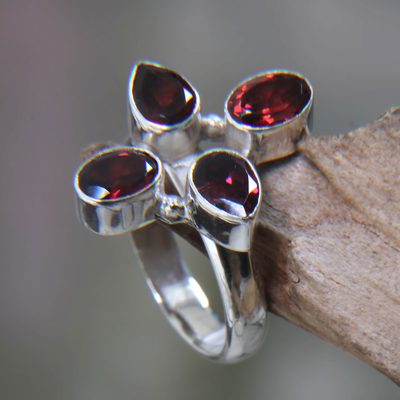 Garnet cocktail ring, 'Blossom of Fire' - Garnet and Silver Cocktail Ring