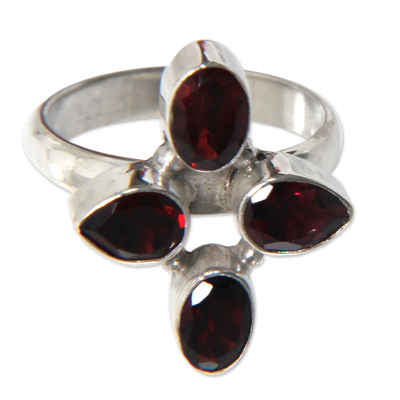 Garnet cocktail ring, 'Blossom of Fire' - Garnet and Silver Cocktail Ring
