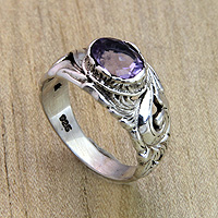 Amethyst solitaire ring, 'Feminine Charm' - Handcrafted Sterling Silver and Amethyst Ring from Indonesia