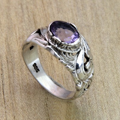 Floral Sterling Silver and Amethyst Ring - Feminine Charm | NOVICA