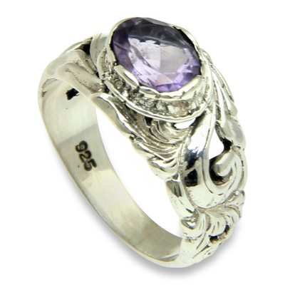 Amethyst solitaire ring, 'Feminine Charm' - Floral Sterling Silver and Amethyst Ring