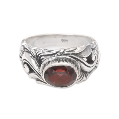 Garnet solitaire ring, 'Feminine Charm' - Unique Sterling Silver and Garnet Ring