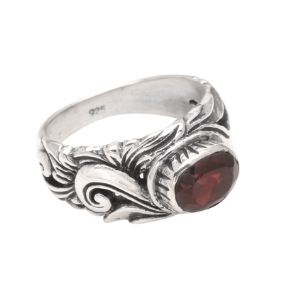 Garnet solitaire ring, 'Feminine Charm' - Unique Sterling Silver and Garnet Ring