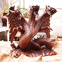 Wood sculpture, 'Guardian of the Home' - Unique Wood Dragon Sculpture