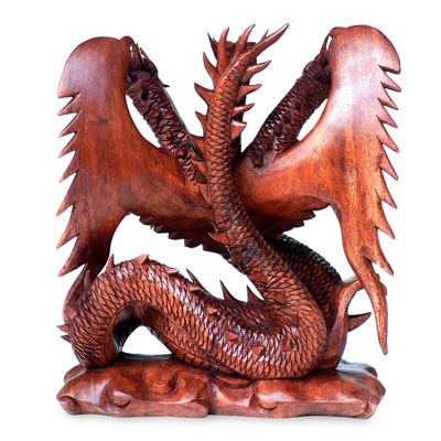 Wood sculpture, 'Guardian of the Home' - Unique Wood Dragon Sculpture
