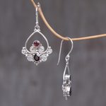 Garnet dangle earrings, 'Heart in Love' - Heart Shaped Garnet Sterling Silver Earrings