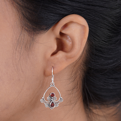 Garnet dangle earrings, 'Heart in Love' - Heart Shaped Garnet Sterling Silver Earrings