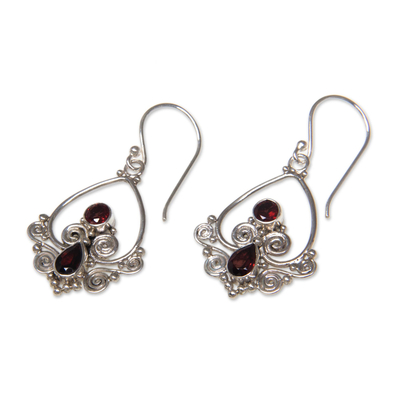 Garnet dangle earrings, 'Heart in Love' - Heart Shaped Garnet Sterling Silver Earrings