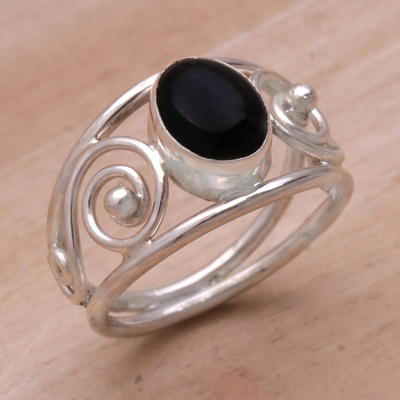 Onyx solitaire ring, 'Grace' - Handmade Sterling Silver and Onyx Ring