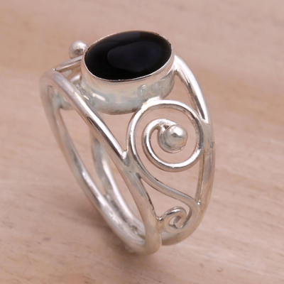 Onyx solitaire ring, 'Grace' - Handmade Sterling Silver and Onyx Ring