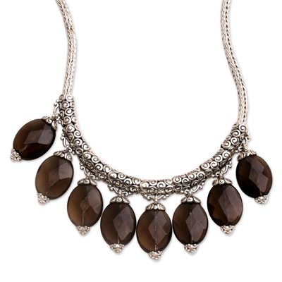 Smoky quartz pendant necklace, 'Java Palace' - Smoky Quartz Pendants on Ornate Sterling Silver Necklace