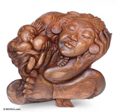 Wood sculpture, 'Mother and Child Intimacy' - Wood sculpture