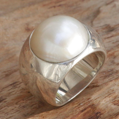Cultured pearl dome ring, 'Contrasts' - Sterling Silver and Cultured Pearl Domed Ring