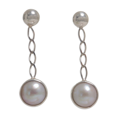 Cultured pearl dangle earrings, 'Suspense' - Indonesian Sterling Silver Cultured Pearl Dangle Earrings