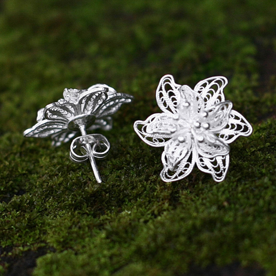 Sterling silver flower earrings, 'Bali Blossoms' - Indonesian Floral Sterling Silver Filigree Earrings