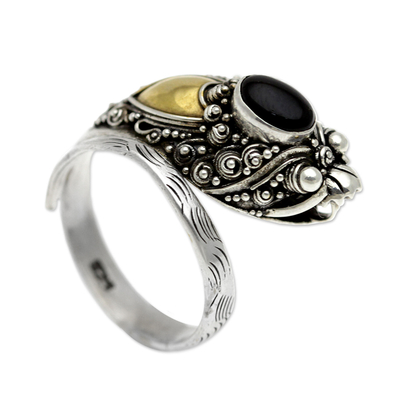 Gold accent onyx cocktail ring, 'Dragon' - Handcrafted Sterling Silver and Onyx Wrap Ring