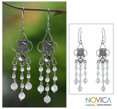 Rose quartz chandelier earrings, 'Pink Cascades' - Sterling Silver Rose Quartz Beaded Earrings