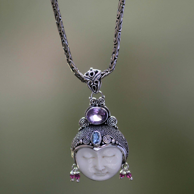 Amethyst and garnet necklace, 'Dreamer' - Unique Women's Sterling Silver and Amethyst Necklace