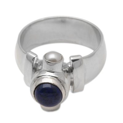 Pearl and lapis ring, 'Direction' - Handcrafted Sterling Silver and Lapis Lazuli Ring