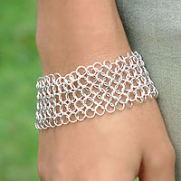 Sterling silver wristband bracelet, 'Nets in Moonlight' - Silver Chainmail Bracelet