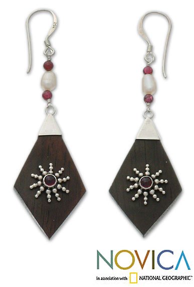 Garnet and pearl dangle earrings, 'Ray of Light' - Garnet and pearl dangle earrings