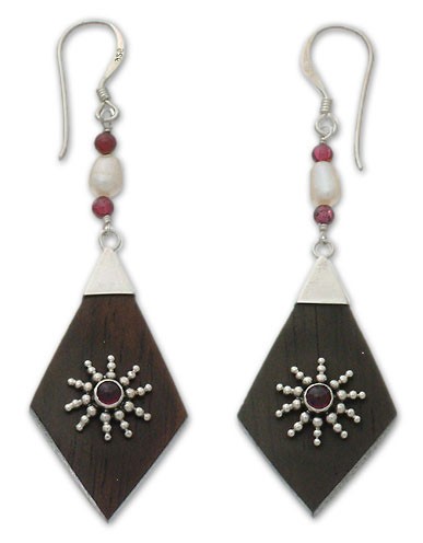 Garnet and pearl dangle earrings, 'Ray of Light' - Garnet and pearl dangle earrings
