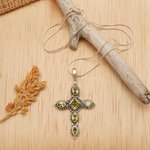 Peridot cross necklace, 'Sacred Cross' - Religious Peridot Necklace