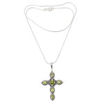 Peridot cross necklace, 'Sacred Cross' - Religious Peridot Necklace
