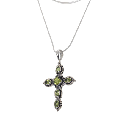 Peridot cross necklace, 'Sacred Cross' - Religious Peridot Necklace