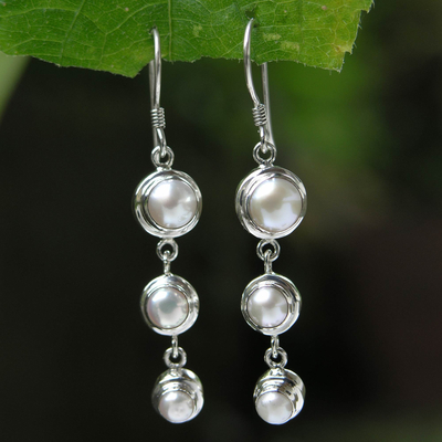 Pearl dangle earrings, 'Three Full Moons' - Pearl Sterling Silver Dangle Earrings
