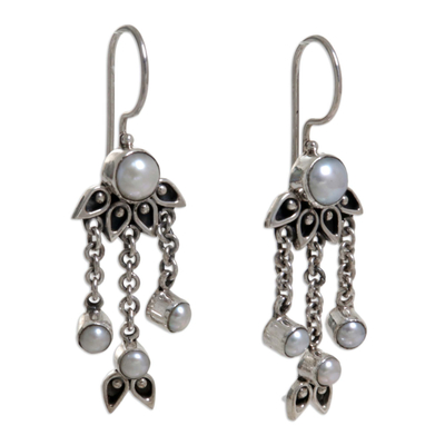 Pearl chandelier earrings, 'Moonlight Lotus' - Sterling Silver Pearl Chandelier Earrings