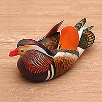 Wood sculpture, 'Mandarin Duck' - Hand Carved Wood Duck Sculpture