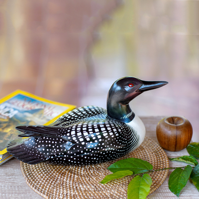 Wood statuette, 'Male Common Loon' - Albesia Wood Duck Sculpture
