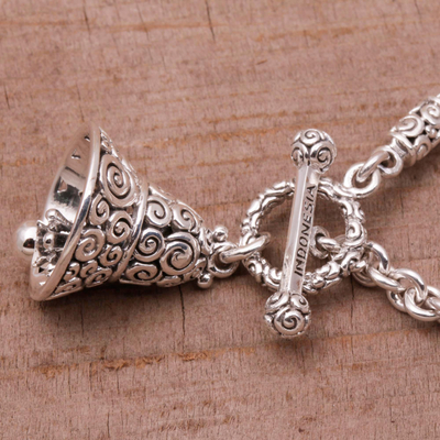 Sterling Silver Charm Bracelet With Attached 3D Sounding Moveable Clapper Filigree Bell Instrument Charm 