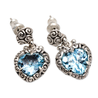 Topaz earrings, 'Quiet Heart' - Heart Shaped Blue Topaz Sterling Silver Earrings
